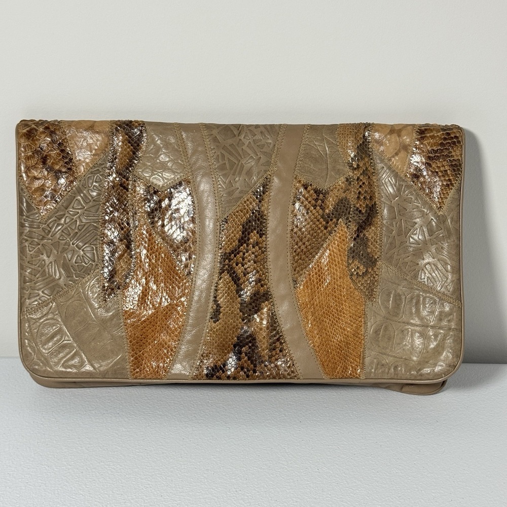 Vintage Reem Snakeskin Leather Patchwork Boho Festival Clutch‎ Zip Pouch